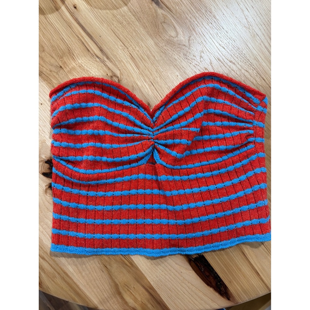 Day + Moon Womens Striped Knit Tube Top Red Blue Sweetheart Cinched Bust L NEW